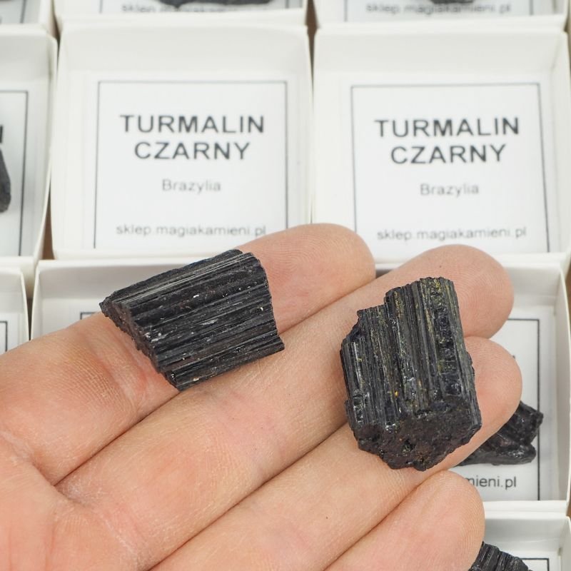 CZARNY TURMALIN - MINERAŁ W PUDEŁKU Z OPISEM - 20-38 mm - BRAZYLIA