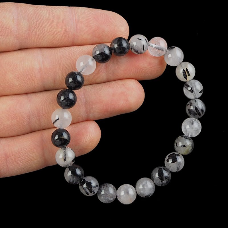 KRYSZTAŁ GÓRSKI Z TURMALINEM - BRANSOLETKA Z NATURALNYCH KAMIENI - KULKA 8mm