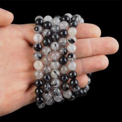 KRYSZTAŁ GÓRSKI Z TURMALINEM - BRANSOLETKA Z NATURALNYCH KAMIENI - KULKA 8mm