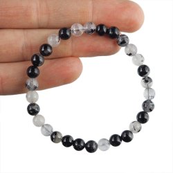 KRYSZTAŁ GÓRSKI Z TURMALINEM - BRANSOLETKA Z NATURALNYCH KAMIENI - KULKA 6mm