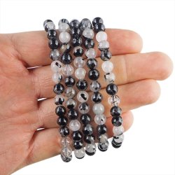 KRYSZTAŁ GÓRSKI Z TURMALINEM - BRANSOLETKA Z NATURALNYCH KAMIENI - KULKA 6mm